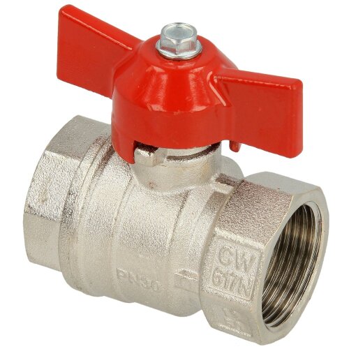 Brass ball valve 1 1/4&quot; IT/IT, DN 32 with wing handle, red, PN 25, MS 58