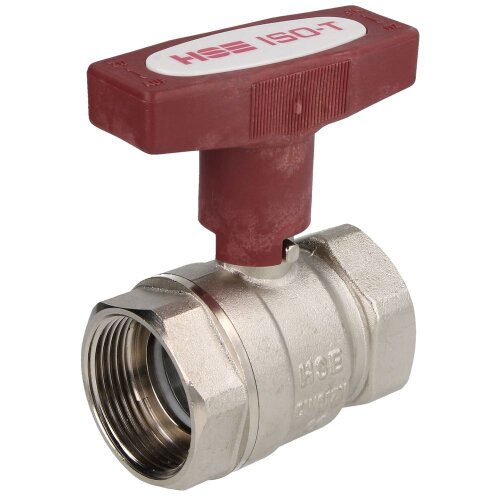 Brass ball valve 1 1/4" IT/IT, DN 32 with ISO-T handle, red, PN 20, MS 58