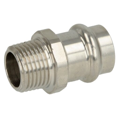 Stainless steel press fitting adapter piece, 15 mm I x ½" ET with V profile
