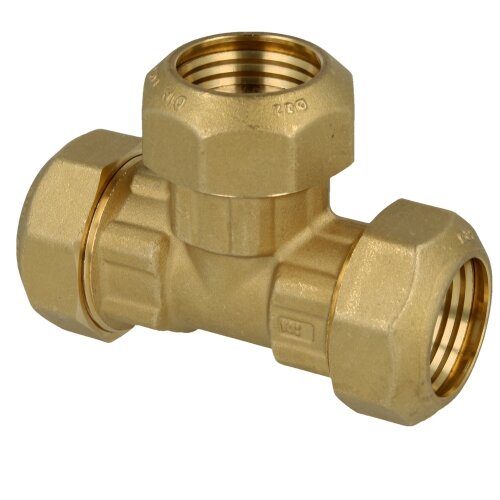 Compression fitting for PE pipes with brass ring, T-piece 20 x 20 x 20
